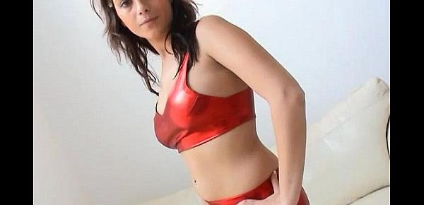  Kiera in shiny red PVC lingerie and heels